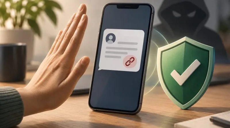 Подозрительное сообщение на смартфоне и защитный щит